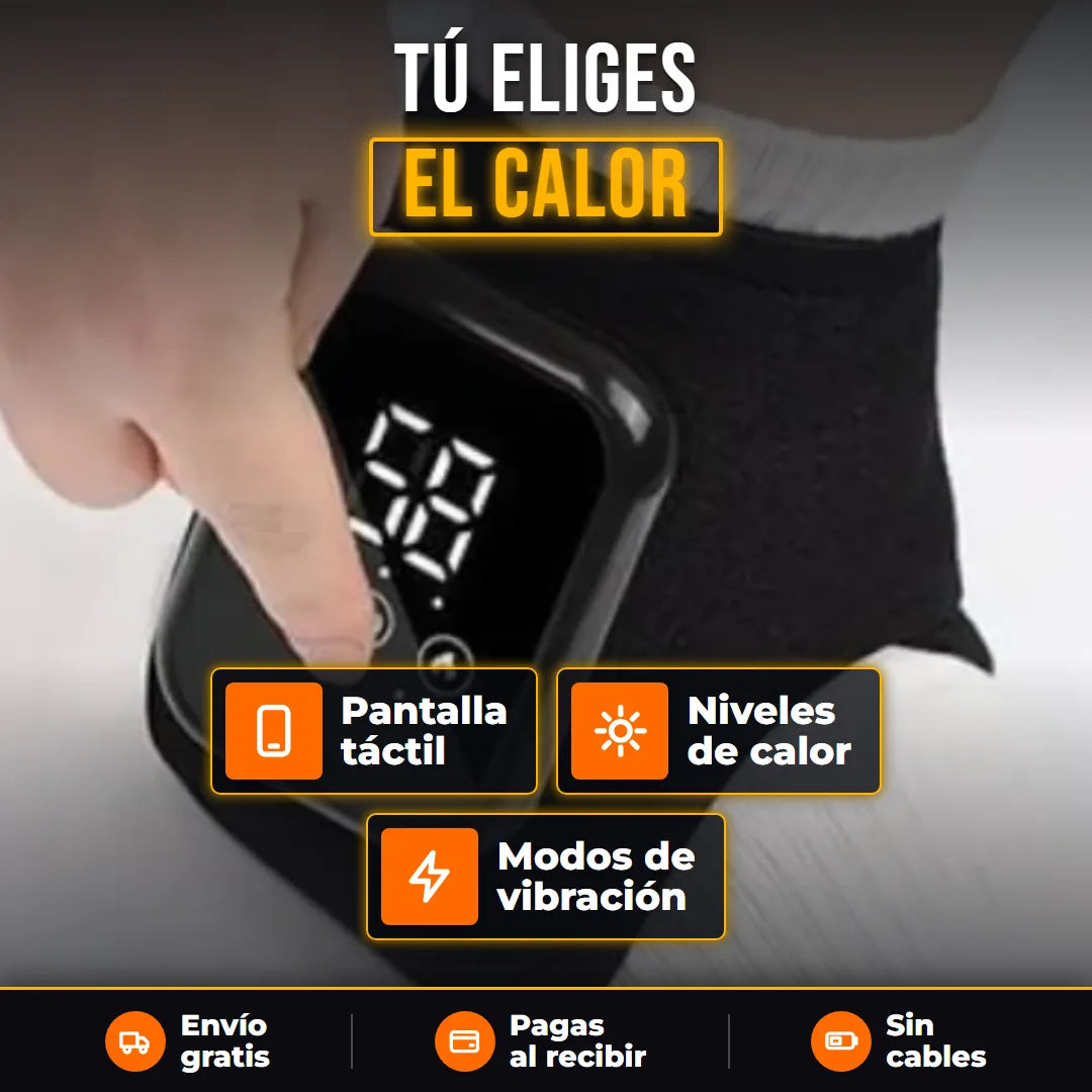 Dedo tocando la pantalla táctil de la tobillera CALORA para elegir el calor