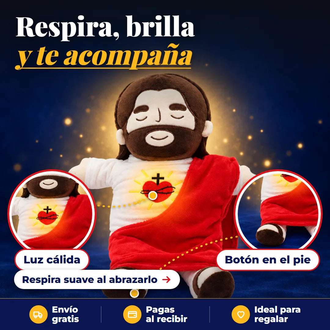 Funciones del peluche de Jesús: luz cálida en el corazón y botón en el pie