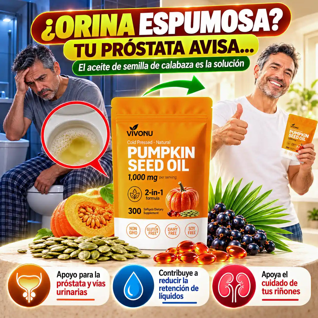 Mujer con su bolsa de aceite de semilla de calabaza Vivonu 2 en 1