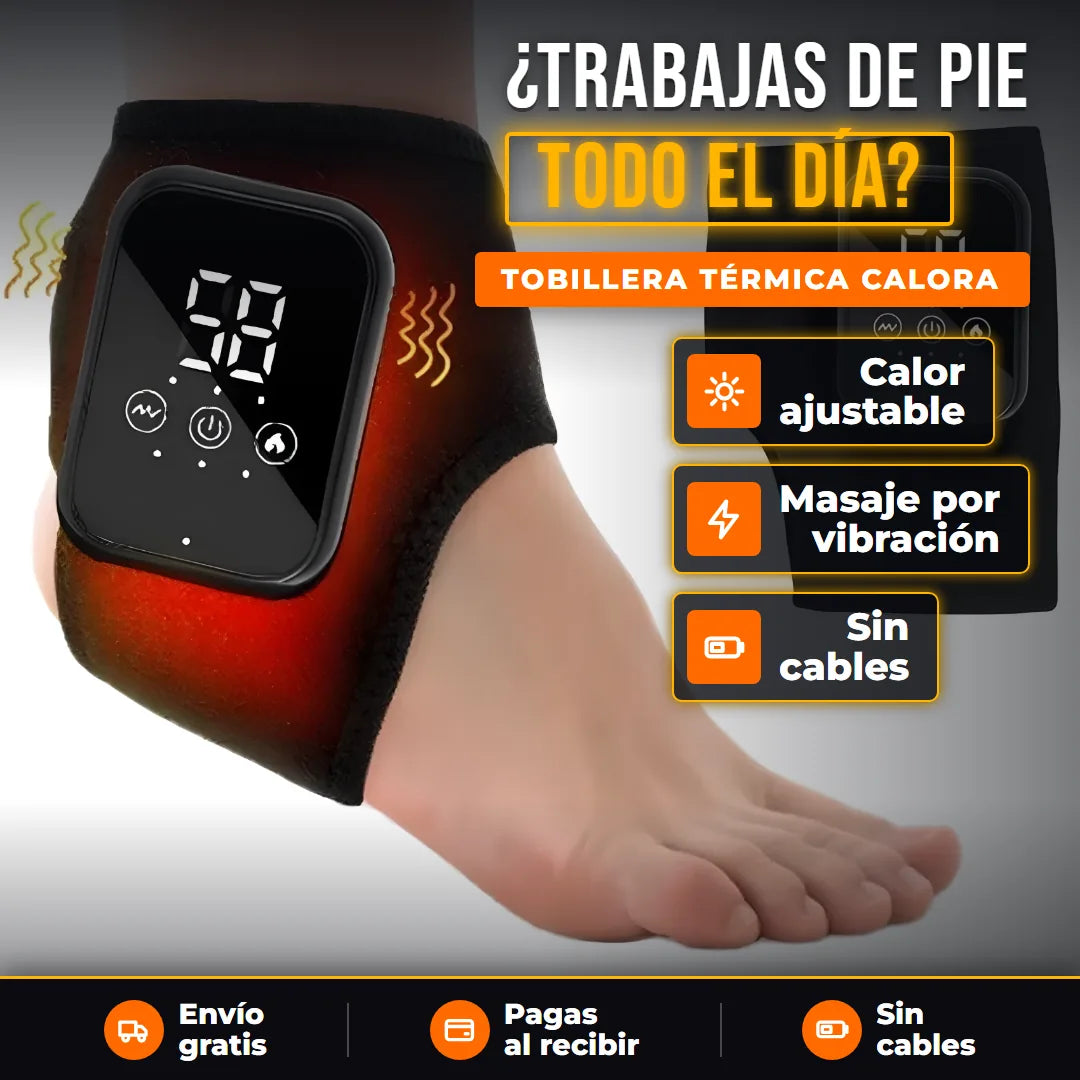 Tobillera térmica CALORA puesta en el tobillo con su pantalla encendida y calor