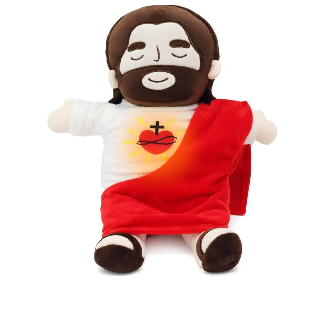 Peluche de Jesús con el Sagrado Corazón y manto rojo, foto real del producto