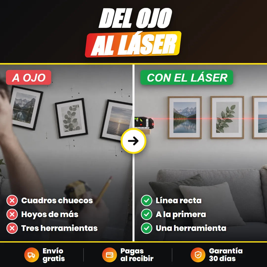Antes: cuadros chuecos. Después: cuadros alineados con el láser