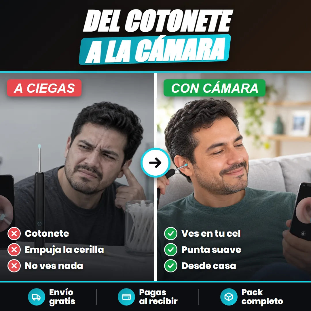 Antes: cotonete a ciegas. Después: limpieza viendo en el celular