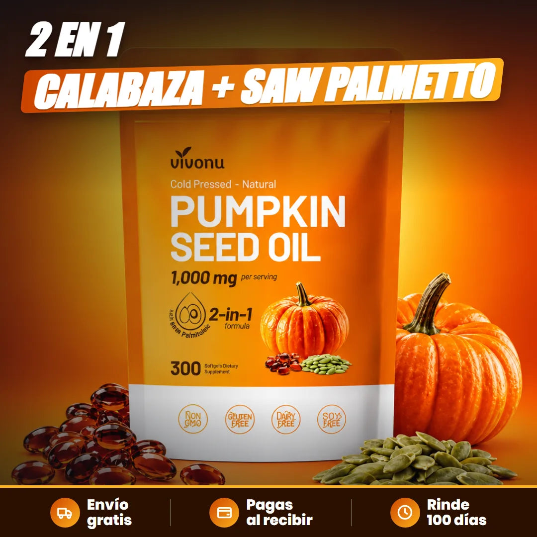 Bolsa Vivonu Pumpkin Seed Oil con calabazas, cápsulas y semillas