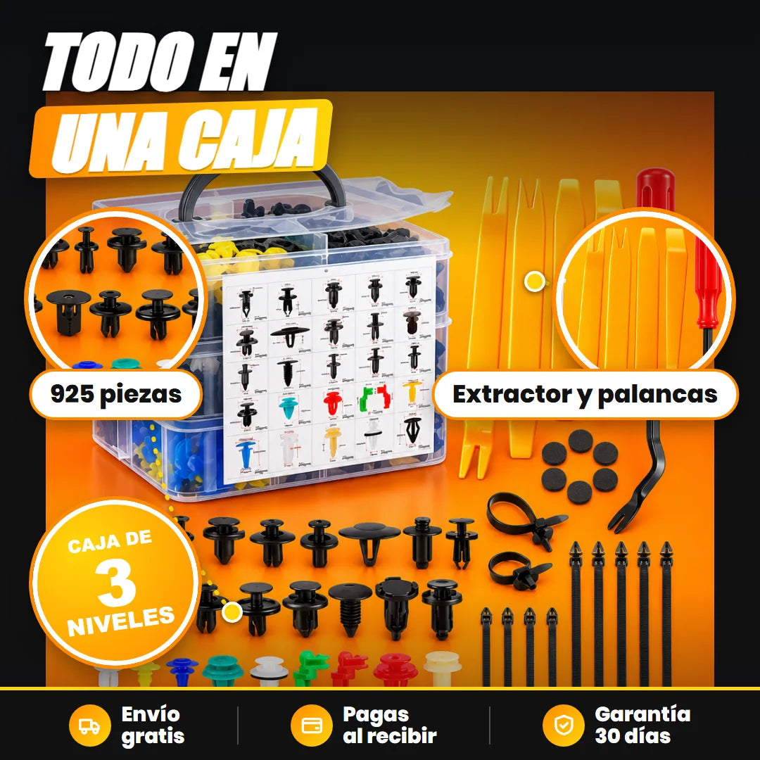 Qué incluye el kit: grapas en caja de 3 niveles, extractor, 4 palancas, cinchos y almohadillas