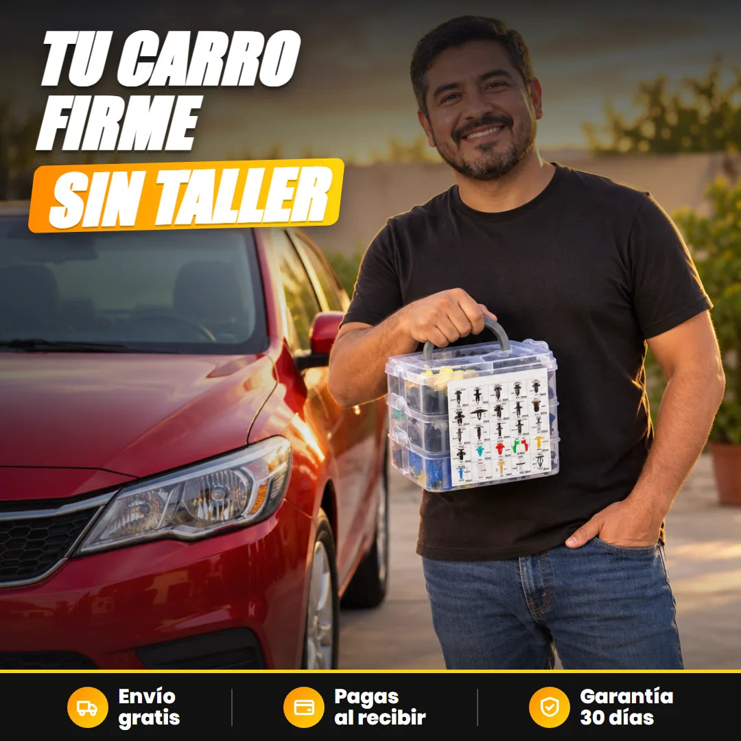 Hombre satisfecho junto a su carro con el kit de grapas