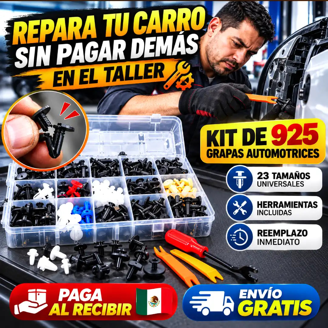 Hombre poniendo una grapa nueva en la defensa de su carro con el kit de 925 grapas