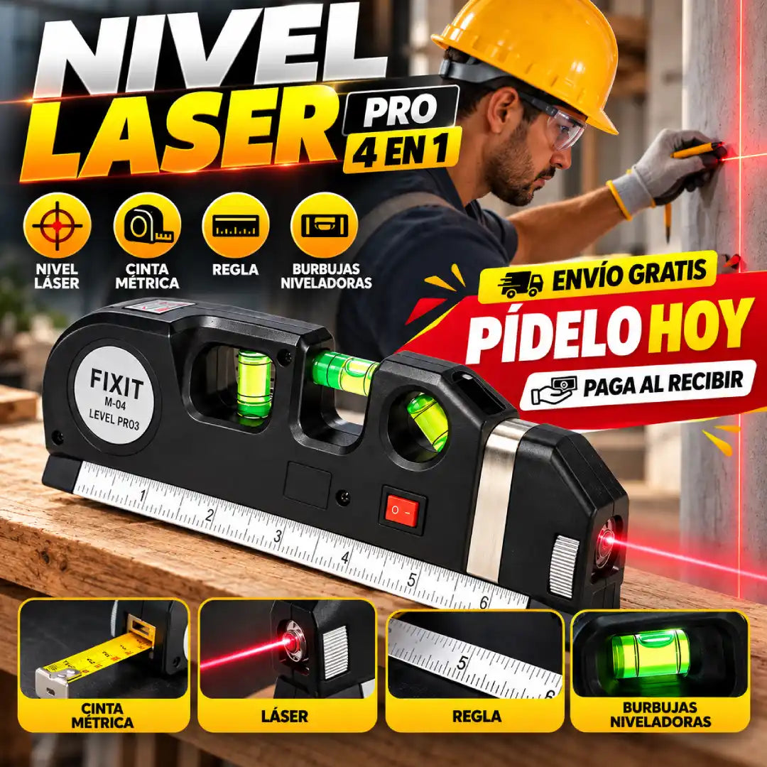 Nivelador láser con cinta métrica, burbujas y láser