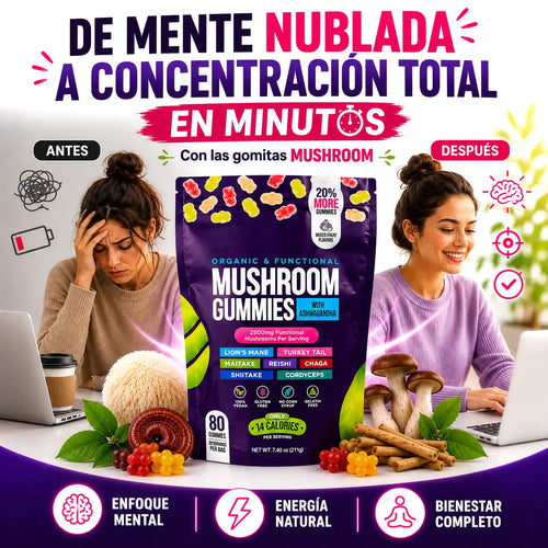 Mushroom Gummies + Ashwagandha — 80 Gomitas Menos estrés. Más enfoque.