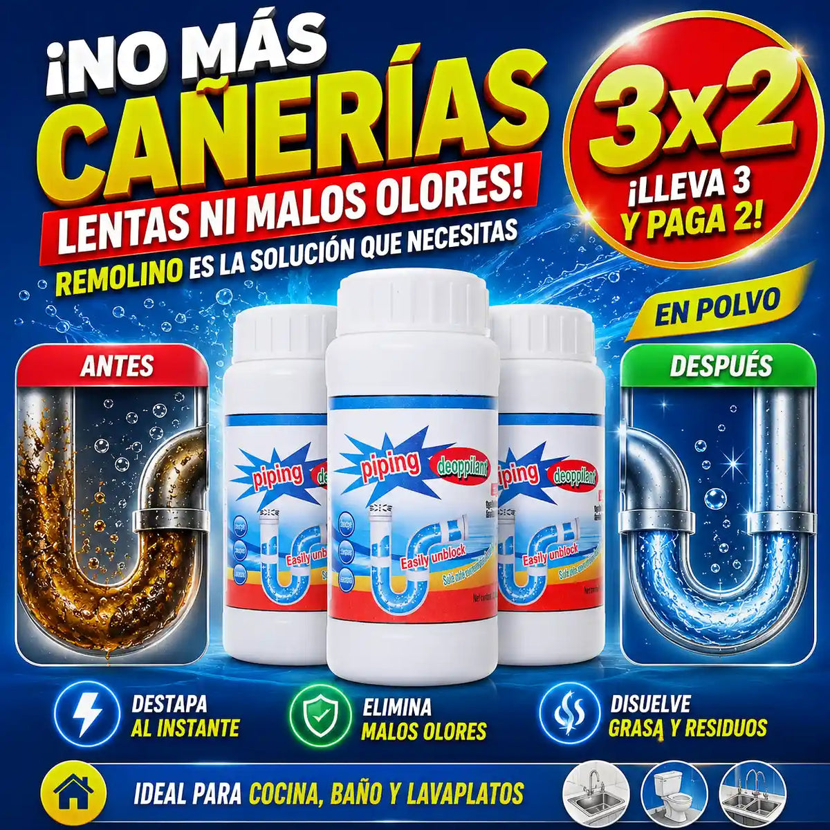 3x2 Remolino Polvo Limpia Tuberías| Destapa Caños y Limpia tus Tuberías al Instante